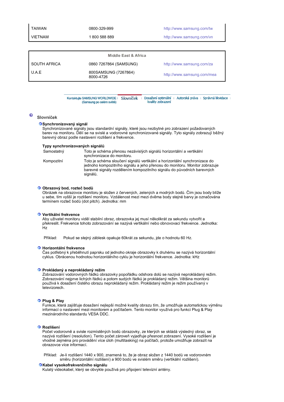 Samsung LS19DOVSS/EDC, LS19DOVSSK/EDC manual Slovníček, Middle East & Africa 