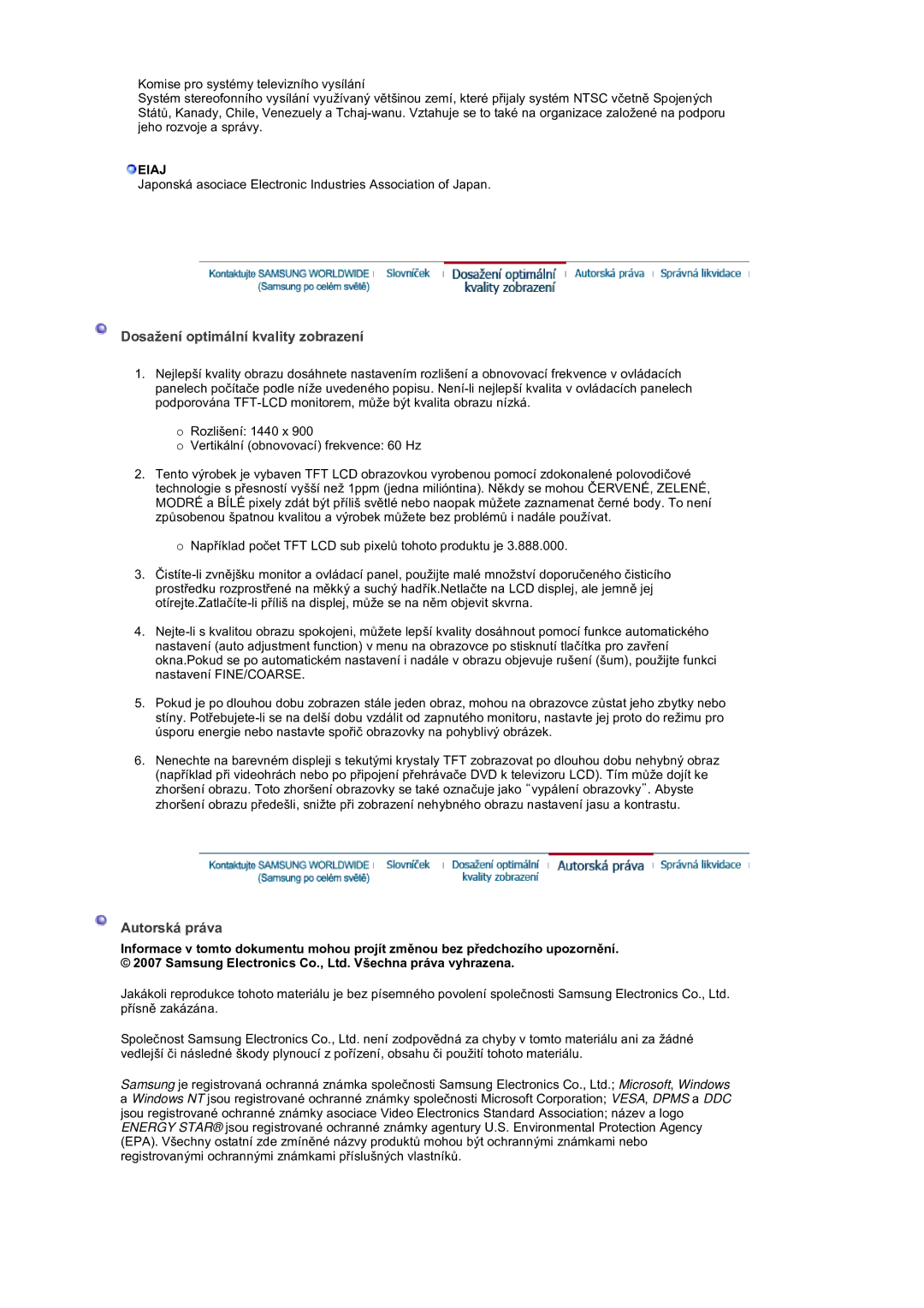 Samsung LS19DOVSS/EDC, LS19DOVSSK/EDC manual Dosažení optimální kvality zobrazení, Autorská práva, Eiaj 