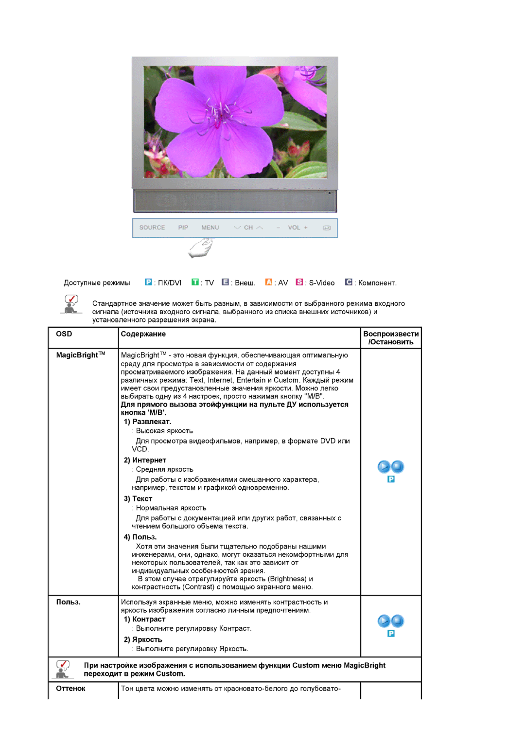 Samsung LS19DOVSSK/EDC, LS19DOVSS/EDC manual MagicBright, Интернет, Текст, Польз, Контраст, Яркость 