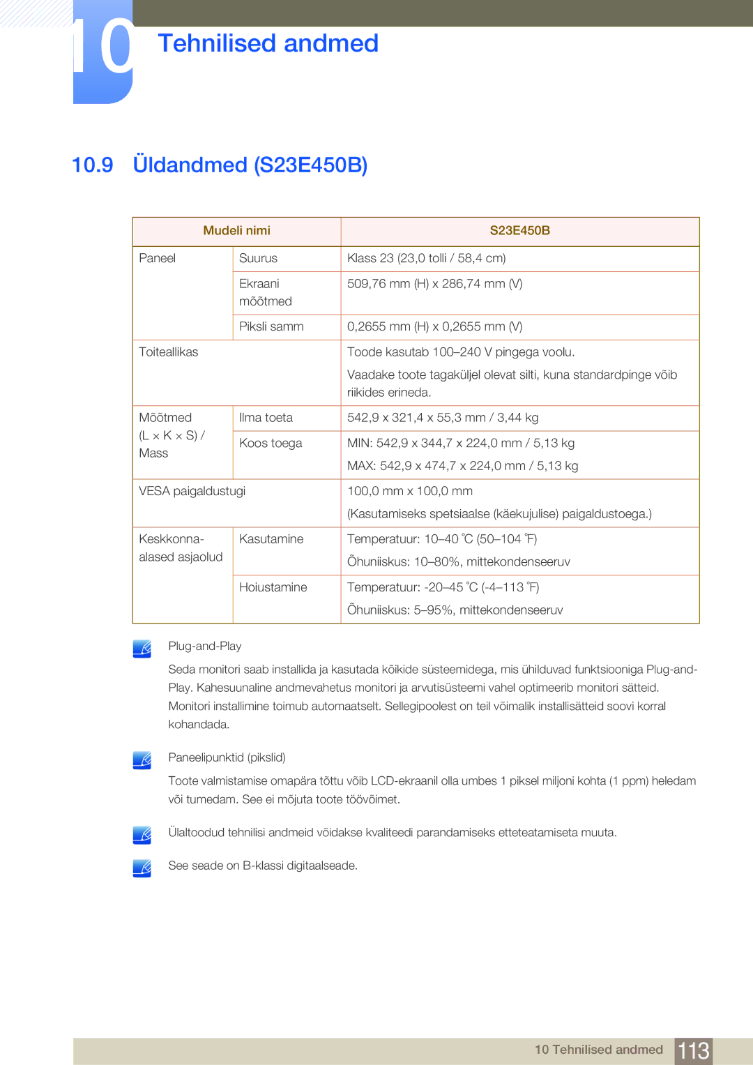 Samsung LS27E45KBS/EN, LS19E45KBW/EN, LS22E45UDWG/EN, LS22E45KMSV/EN manual 10.9 Üldandmed S23E450B, Mudeli nimi S23E450B 