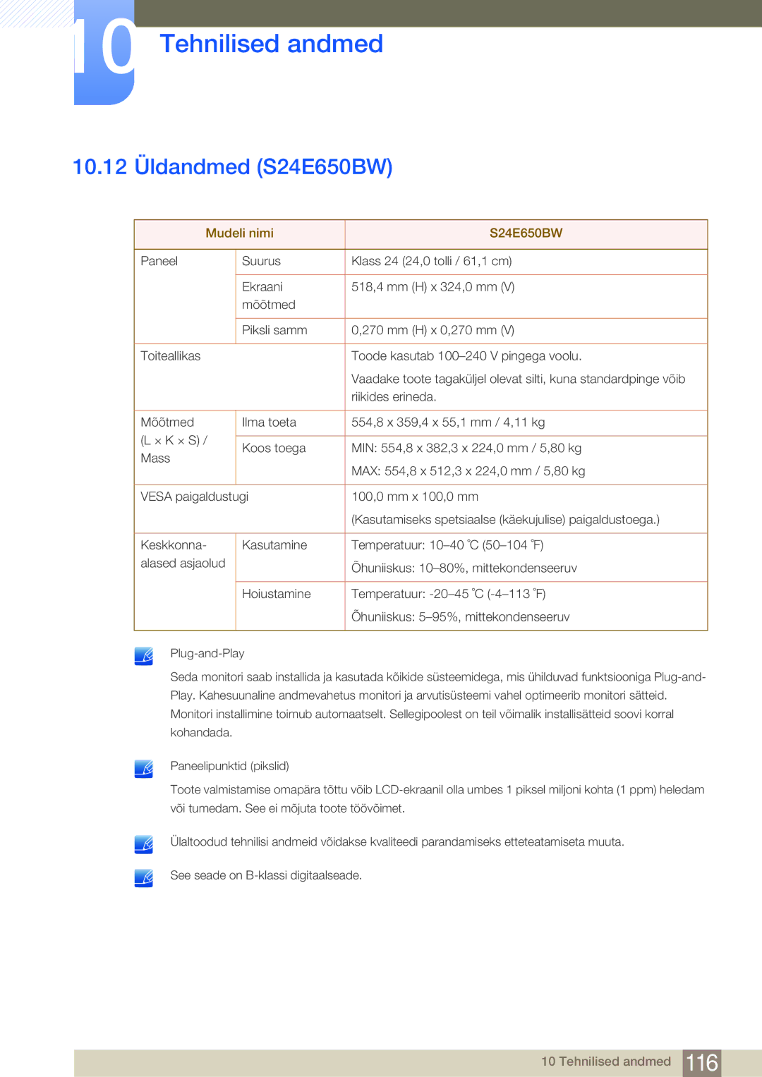 Samsung LS22E45KBSV/EN, LS19E45KBW/EN, LS27E45KBS/EN, LS22E45UDWG/EN manual 10.12 Üldandmed S24E650BW, Mudeli nimi S24E650BW 