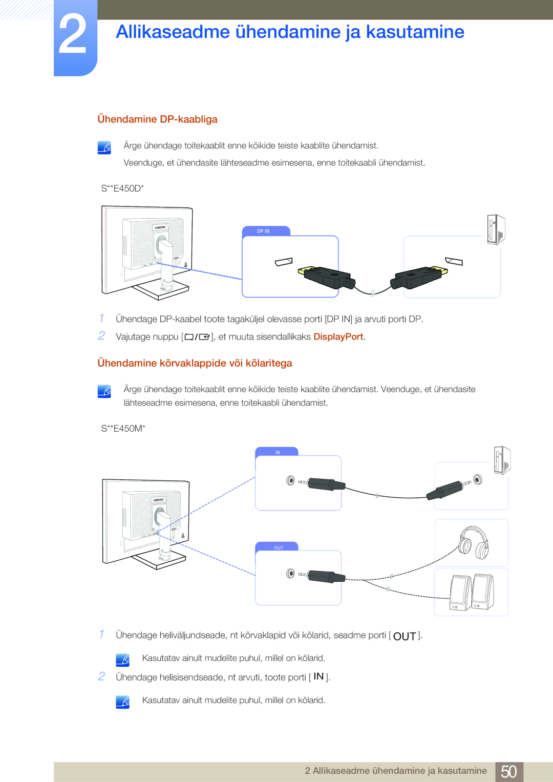 Samsung LS22E45UDWG/EN, LS19E45KBW/EN, LS27E45KBS/EN manual Ühendamine DP-kaabliga, Ühendamine kõrvaklappide või kõlaritega 