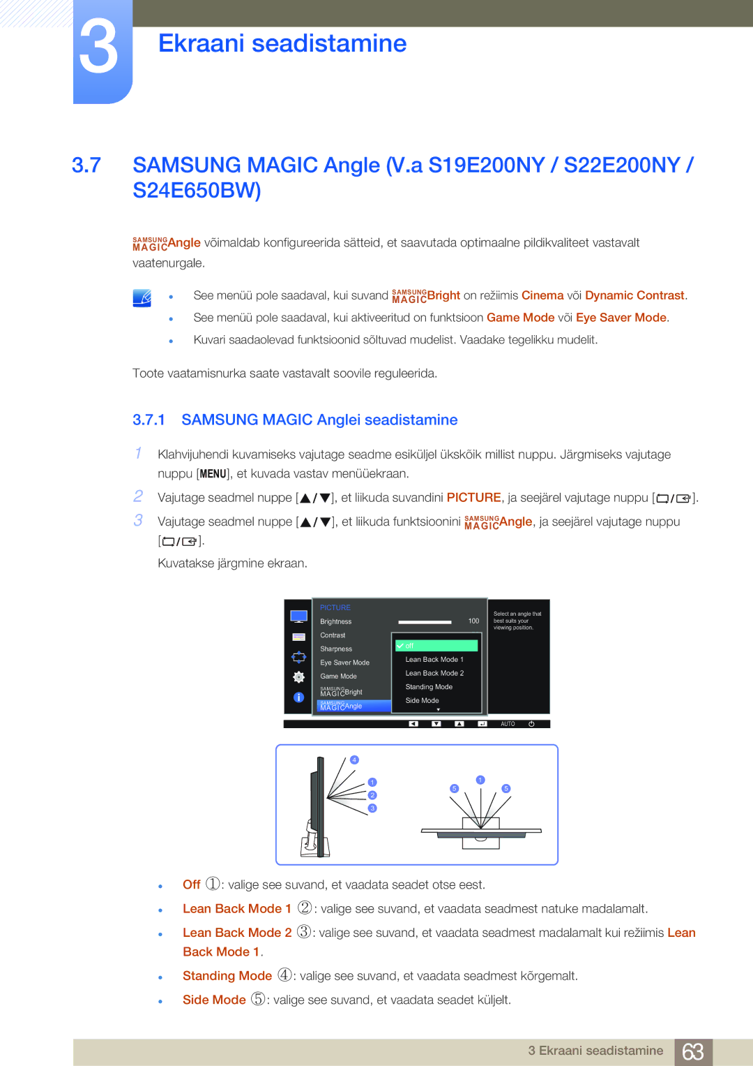 Samsung LS19E20KNW/EN manual Samsung Magic Angle V.a S19E200NY / S22E200NY / S24E650BW, Samsung Magic Anglei seadistamine 