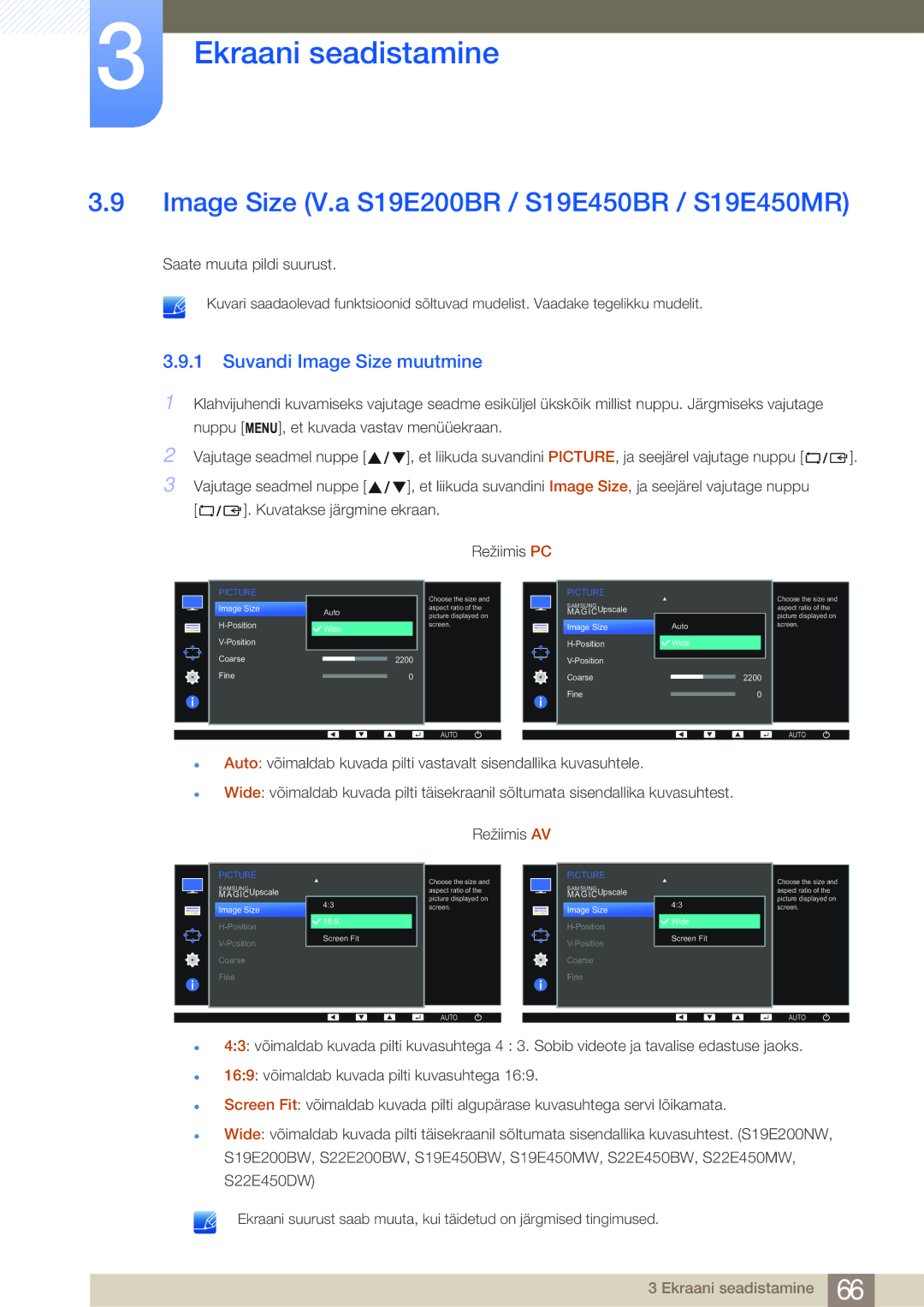 Samsung LS22E45UDWG/EN, LS19E45KBW/EN manual Image Size V.a S19E200BR / S19E450BR / S19E450MR, Suvandi Image Size muutmine 