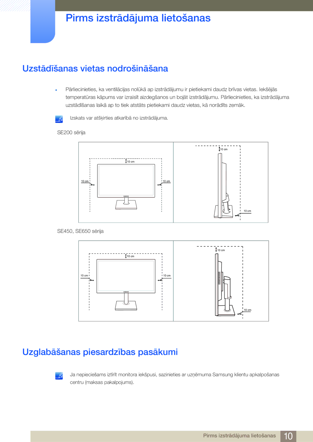 Samsung LS24E45KBSV/EN, LS19E45KBW/EN, LS27E45KBS/EN Uzstādīšanas vietas nodrošināšana, Uzglabāšanas piesardzības pasākumi 