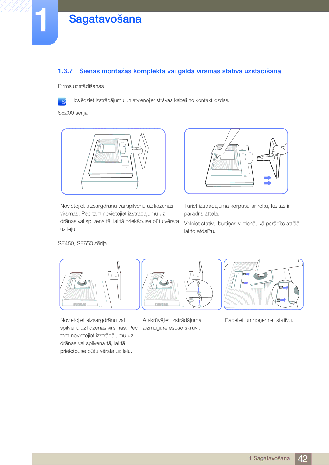 Samsung LS24E45KBSV/EN, LS19E45KBW/EN, LS27E45KBS/EN, LS22E45UDWG/EN, LS22E45KMSV/EN manual Paceliet un noņemiet statīvu 