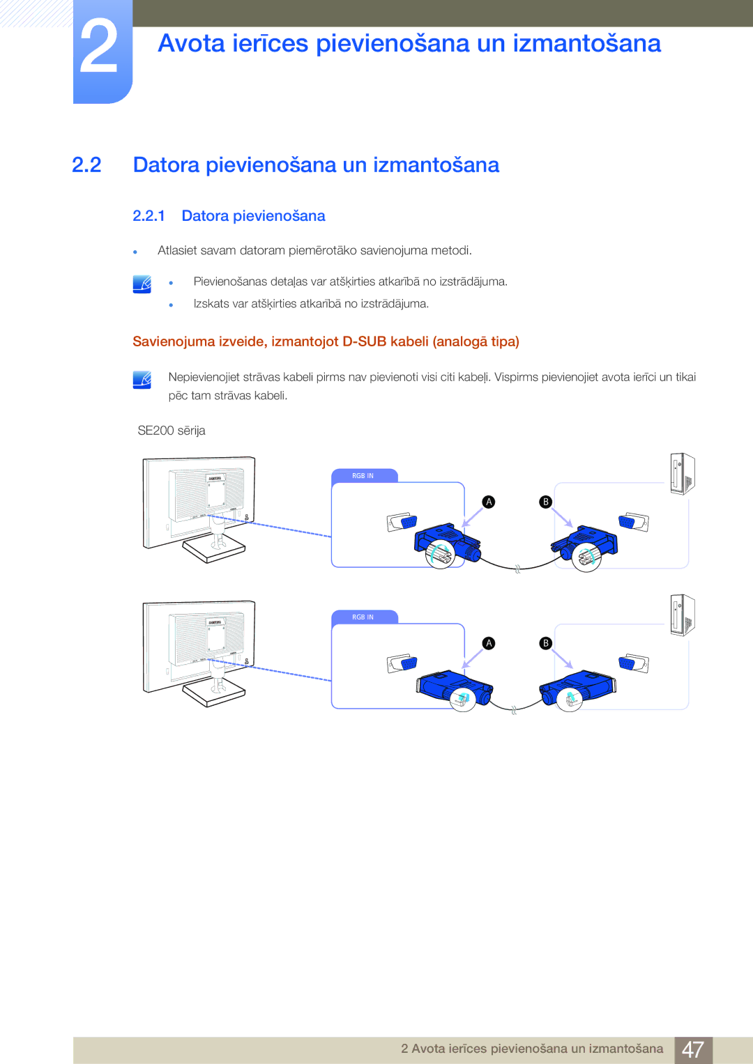 Samsung LS19E20KNW/EN manual Datora pievienošana un izmantošana, Savienojuma izveide, izmantojot D-SUB kabeli analogā tipa 