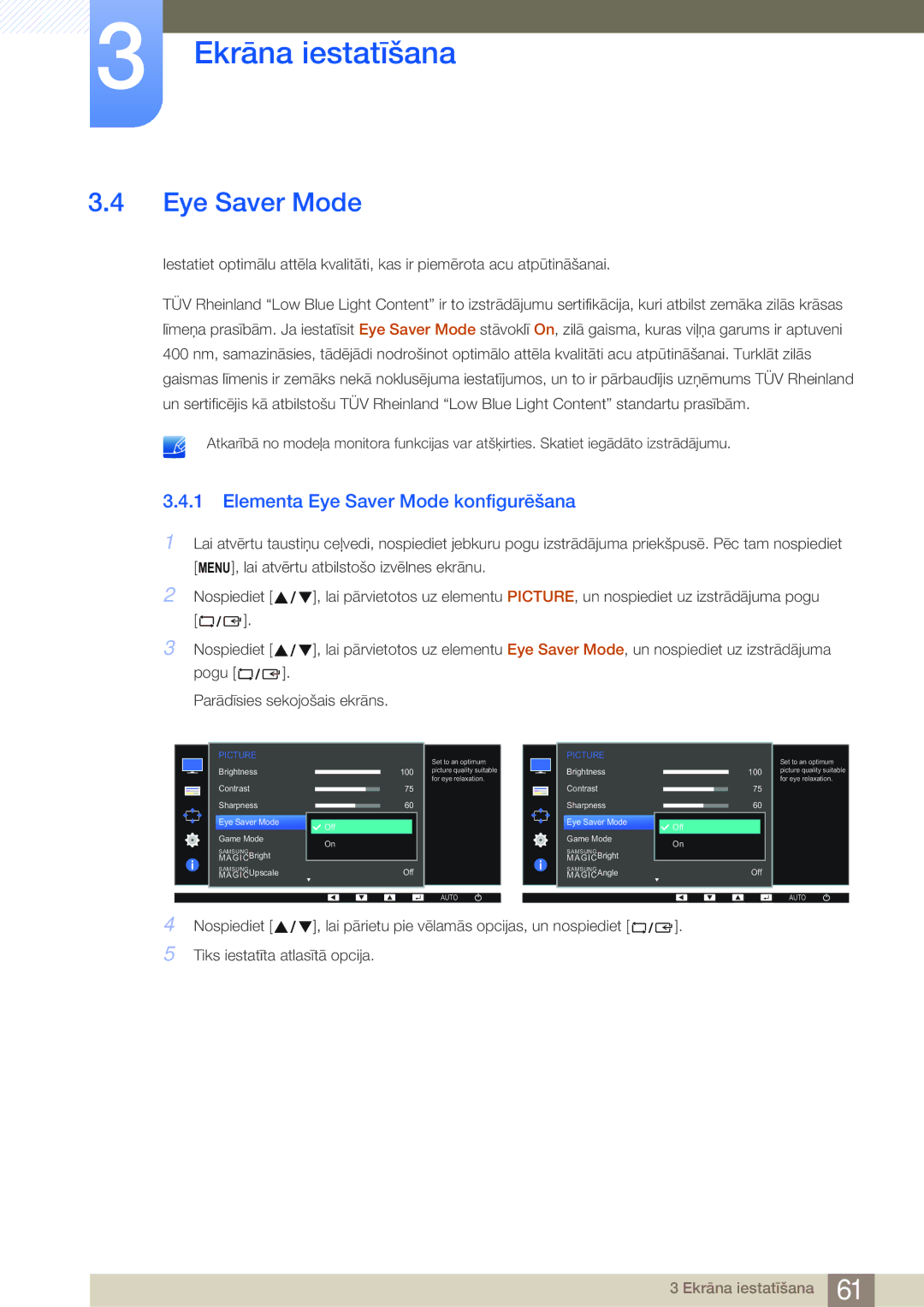 Samsung LS23E45KBS/EN, LS19E45KBW/EN, LS27E45KBS/EN, LS22E45UDWG/EN, LS22E45KMSV/EN Elementa Eye Saver Mode konfigurēšana 