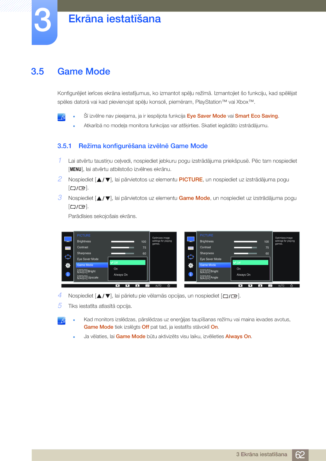 Samsung LS22E45UDW/EN, LS19E45KBW/EN, LS27E45KBS/EN, LS22E45UDWG/EN manual 1 Režīma konfigurēšana izvēlnē Game Mode 