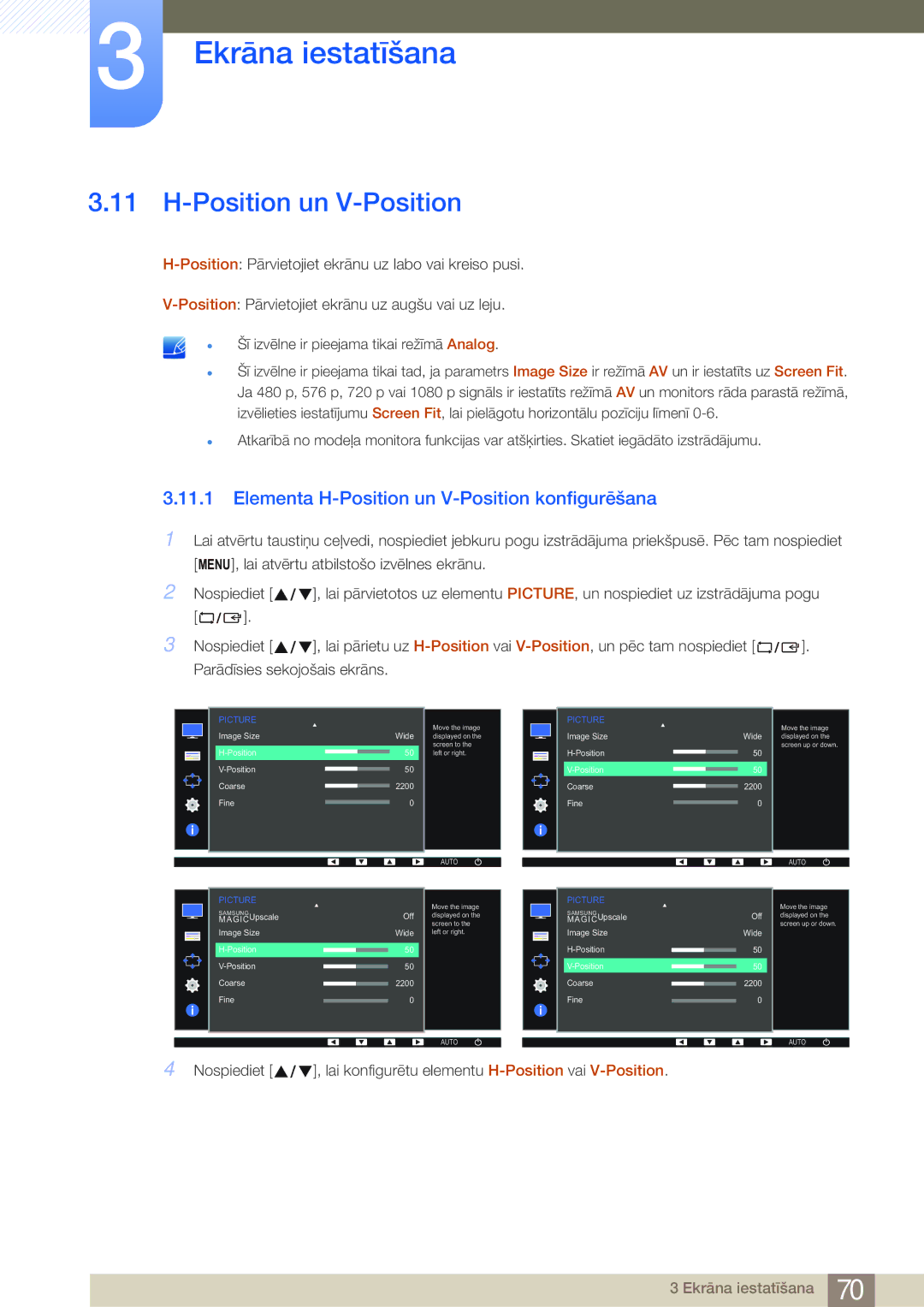 Samsung LS24E45UFS/EN, LS19E45KBW/EN, LS27E45KBS/EN, LS22E45UDWG/EN manual Elementa H-Position un V-Position konfigurēšana 