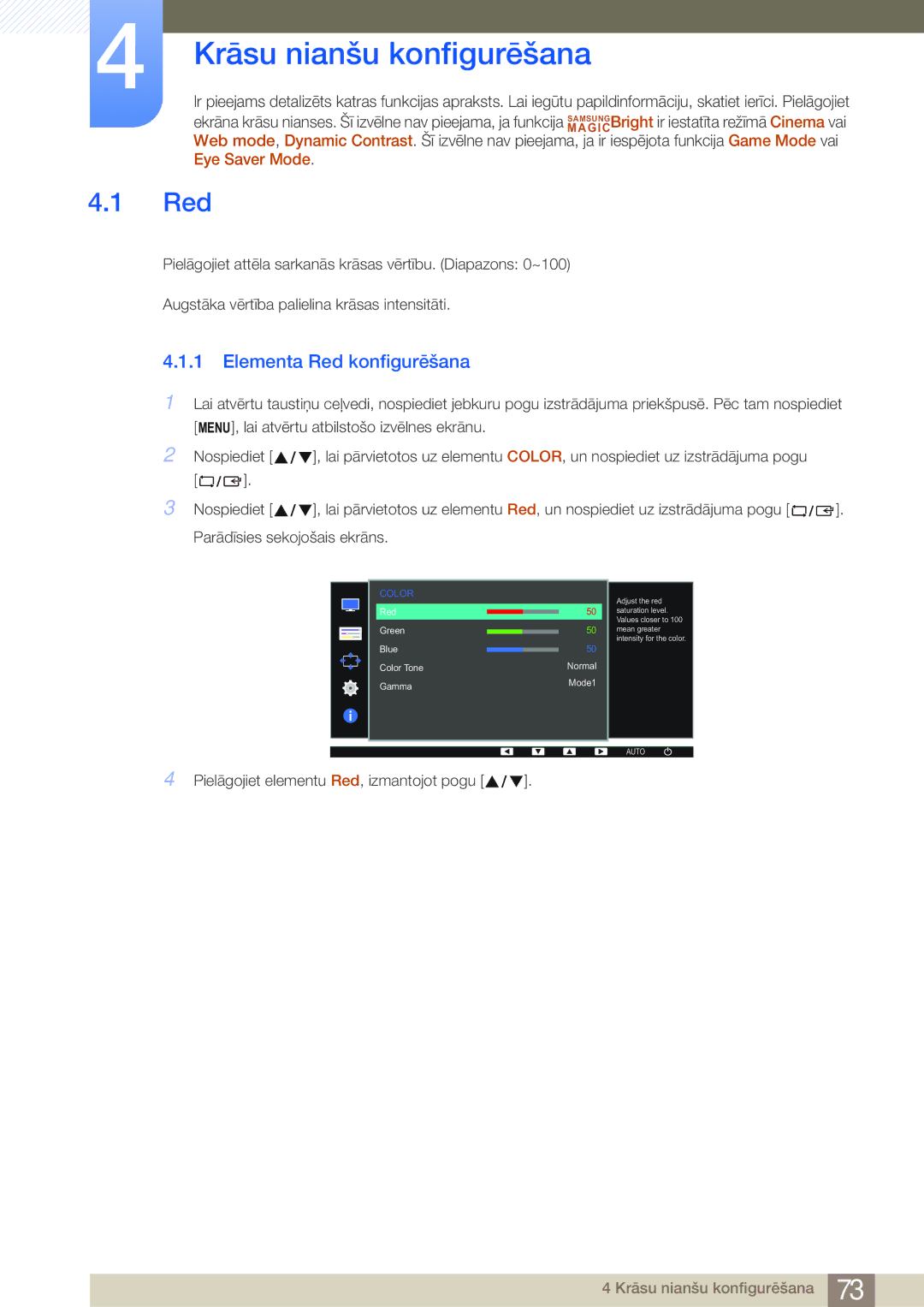 Samsung LS22E45KMWV/EN, LS19E45KBW/EN, LS27E45KBS/EN manual Krāsu nianšu konfigurēšana, Elementa Red konfigurēšana 