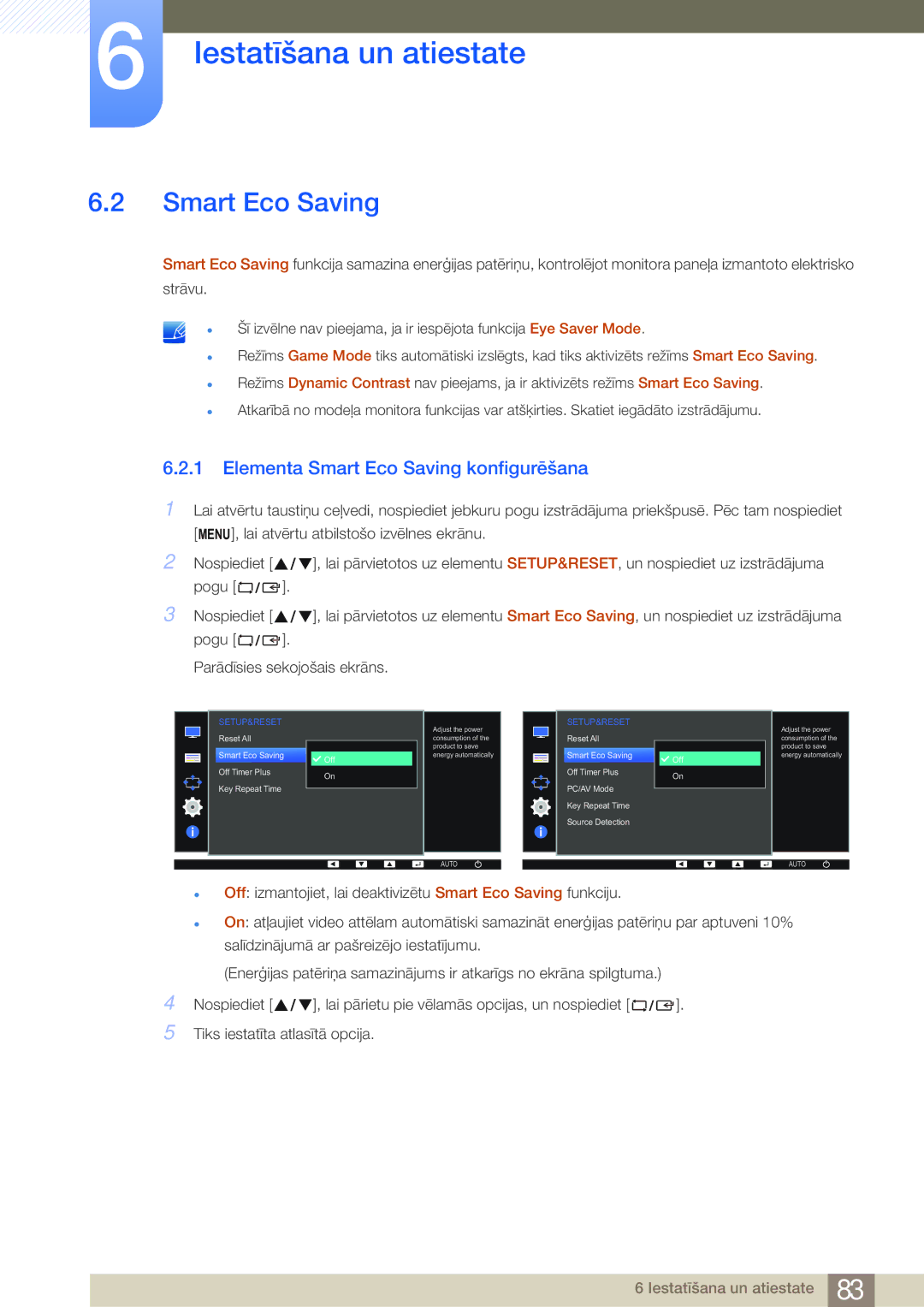 Samsung LS22E45KMSV/EN, LS19E45KBW/EN, LS27E45KBS/EN, LS22E45UDWG/EN manual Elementa Smart Eco Saving konfigurēšana 