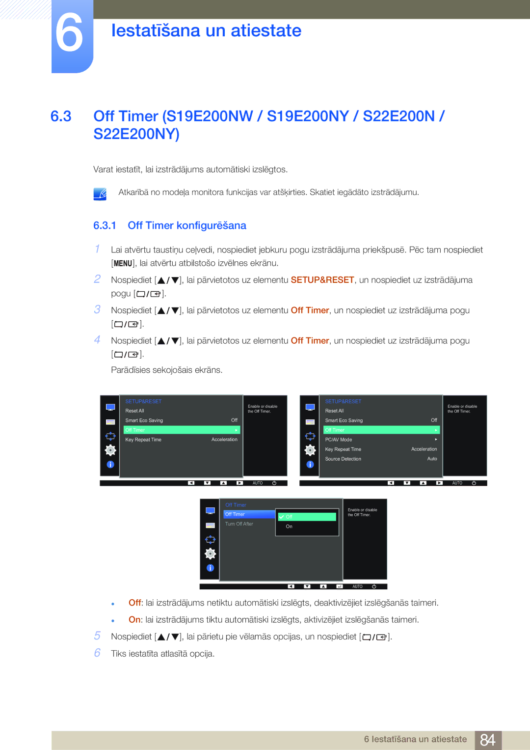 Samsung LS22E45KBSV/EN, LS19E45KBW/EN manual Off Timer S19E200NW / S19E200NY / S22E200N / S22E200NY, Off Timer konfigurēšana 