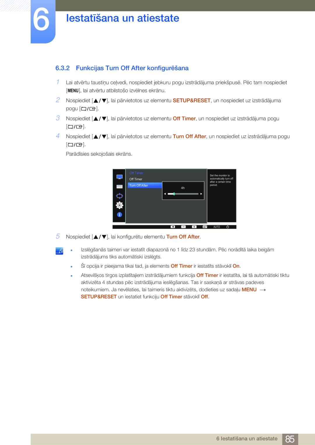 Samsung LS22E45KBWV/EN, LS19E45KBW/EN, LS27E45KBS/EN, LS22E45UDWG/EN manual Funkcijas Turn Off After konfigurēšana, Off Timer 