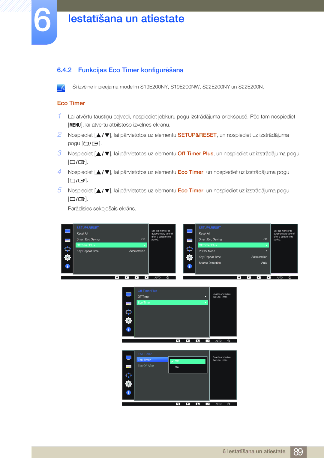 Samsung LS22E45KMWV/EN, LS19E45KBW/EN, LS27E45KBS/EN, LS22E45UDWG/EN, LS22E45KMSV/EN manual Funkcijas Eco Timer konfigurēšana 
