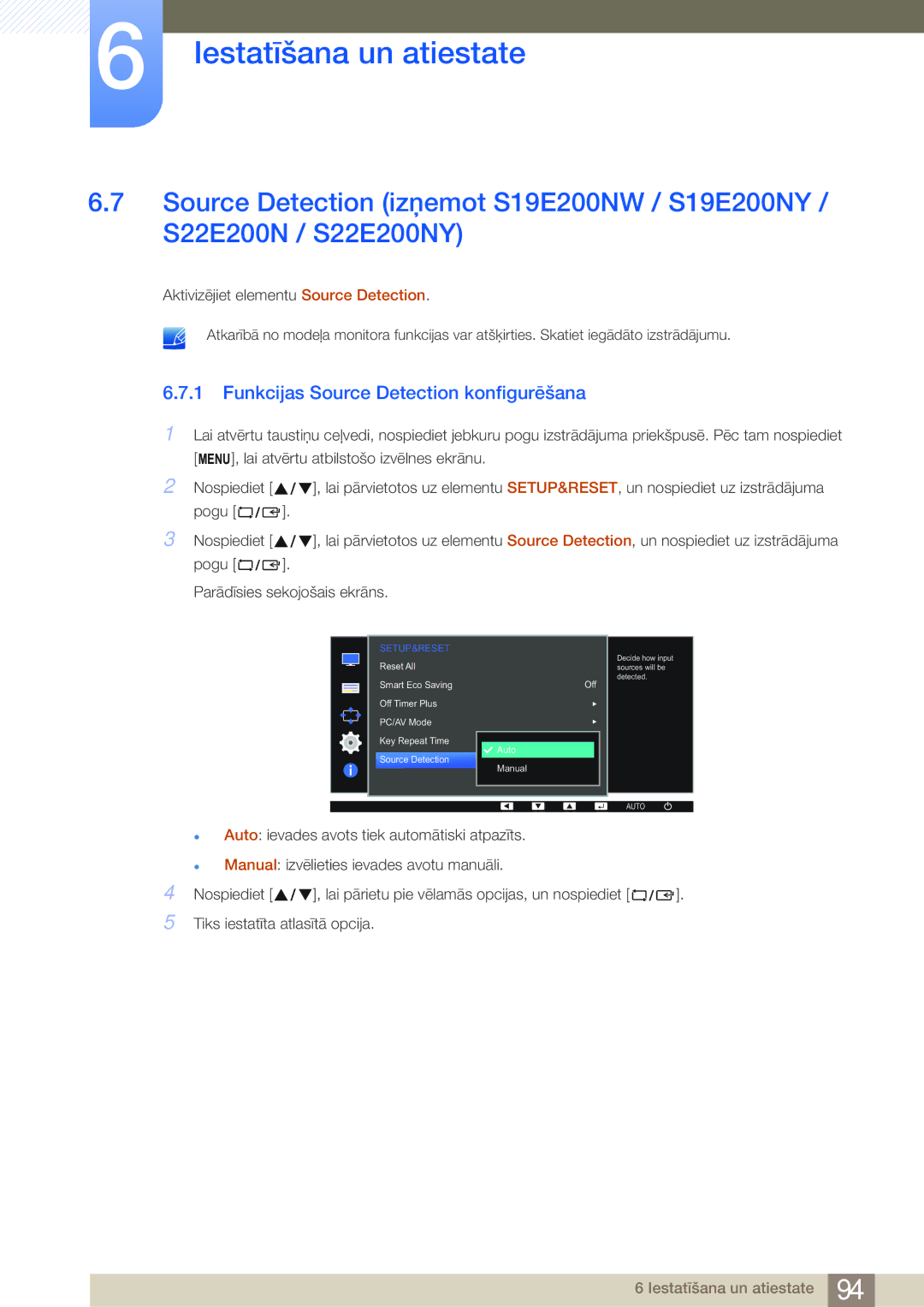 Samsung LS22E45UDW/EN, LS19E45KBW/EN, LS27E45KBS/EN, LS22E45UDWG/EN Funkcijas Source Detection konfigurēšana, Setup&Reset 