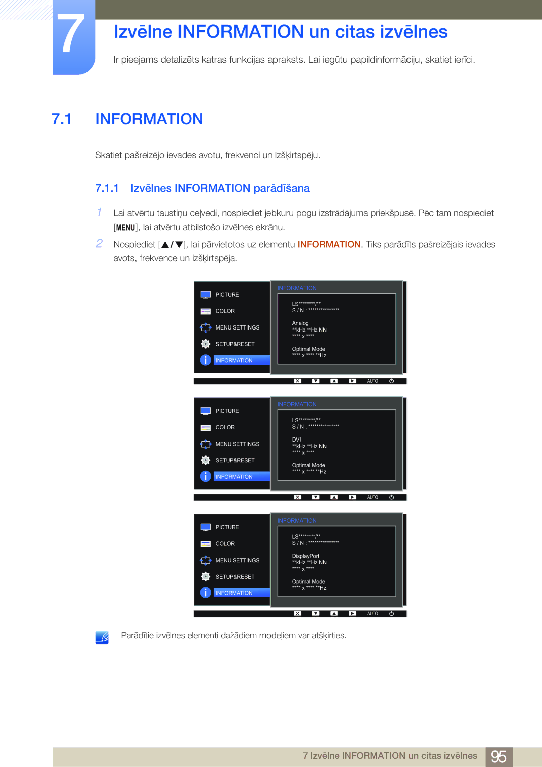 Samsung LS19E20KNW/EN, LS19E45KBW/EN manual Izvēlne Information un citas izvēlnes, 1 Izvēlnes Information parādīšana 