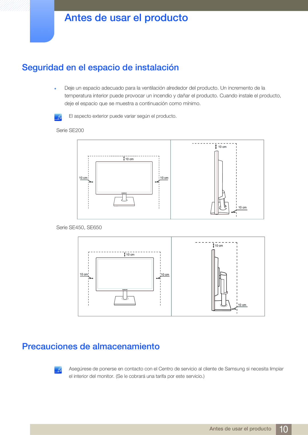 Samsung LS22E45KBS/EN, LS19E45KMW/EN, LS19E45KBW/EN Seguridad en el espacio de instalación, Precauciones de almacenamiento 