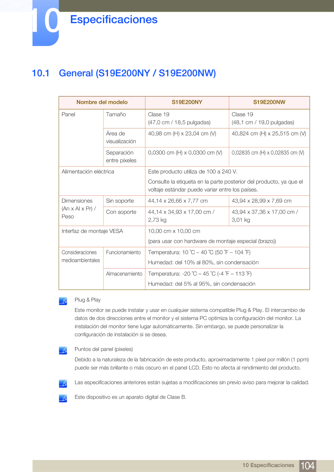 Samsung LS24E45UFS/EN manual Especificaciones, General S19E200NY / S19E200NW, Nombre del modelo S19E200NY S19E200NW 