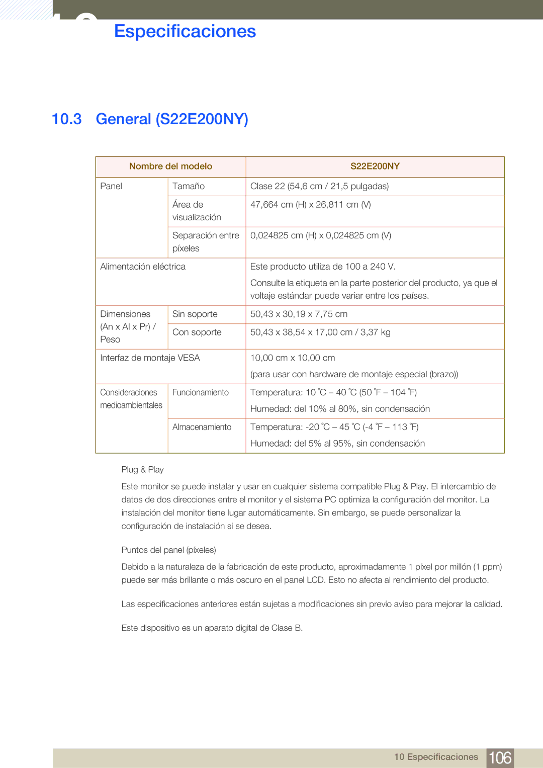 Samsung LS27E45KBH/EN, LS19E45KMW/EN, LS19E45KBW/EN, LS27E45KBS/EN manual General S22E200NY, Nombre del modelo S22E200NY 