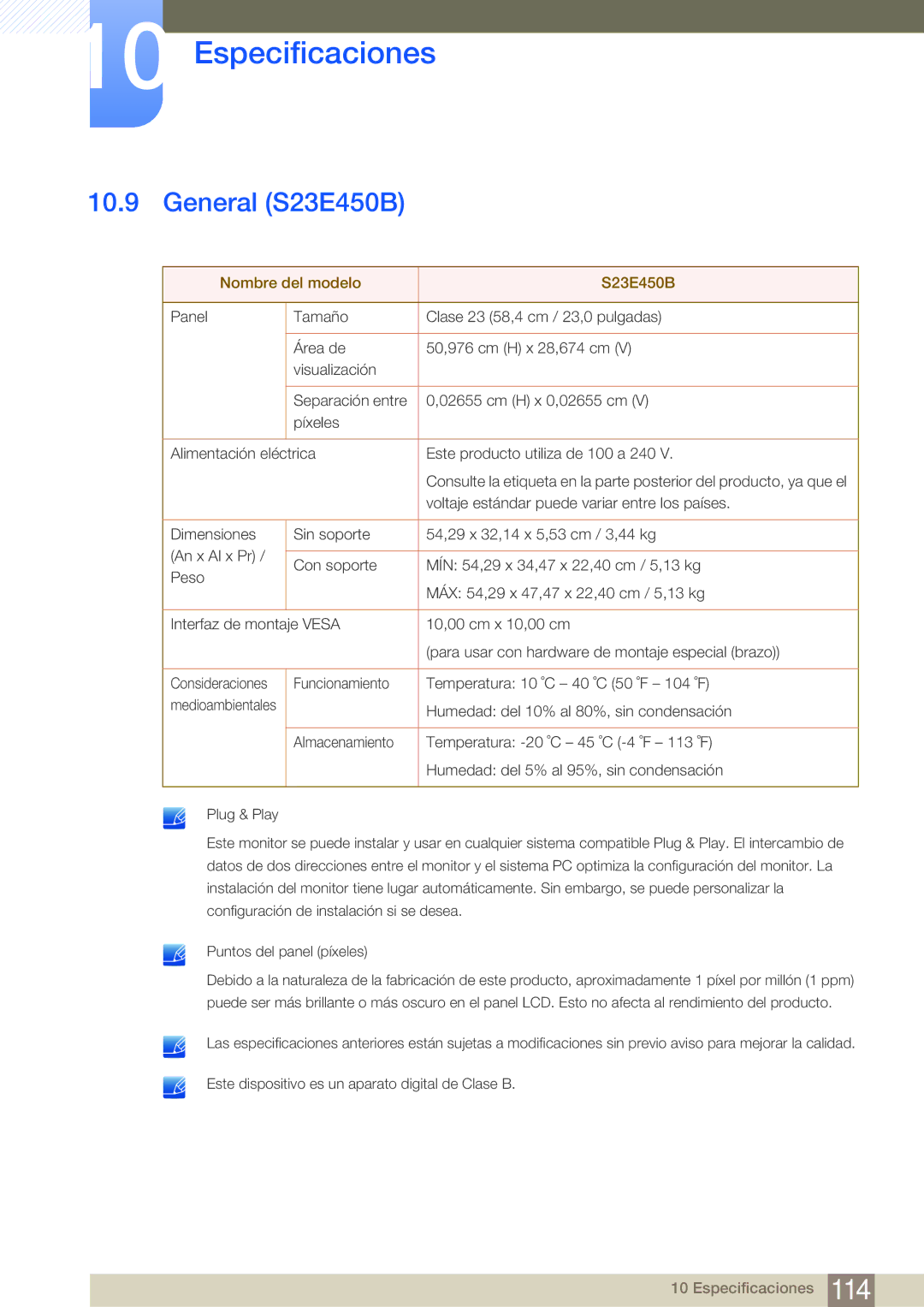 Samsung LS22E45KBWV/EN, LS19E45KMW/EN, LS19E45KBW/EN, LS27E45KBS/EN manual General S23E450B, Nombre del modelo S23E450B 