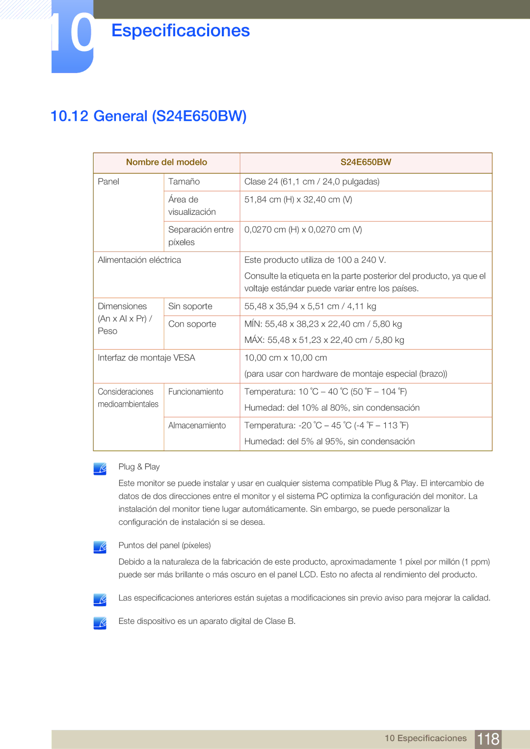 Samsung LS24E65KBWV/EN, LS19E45KMW/EN, LS19E45KBW/EN, LS27E45KBS/EN manual General S24E650BW, Nombre del modelo S24E650BW 