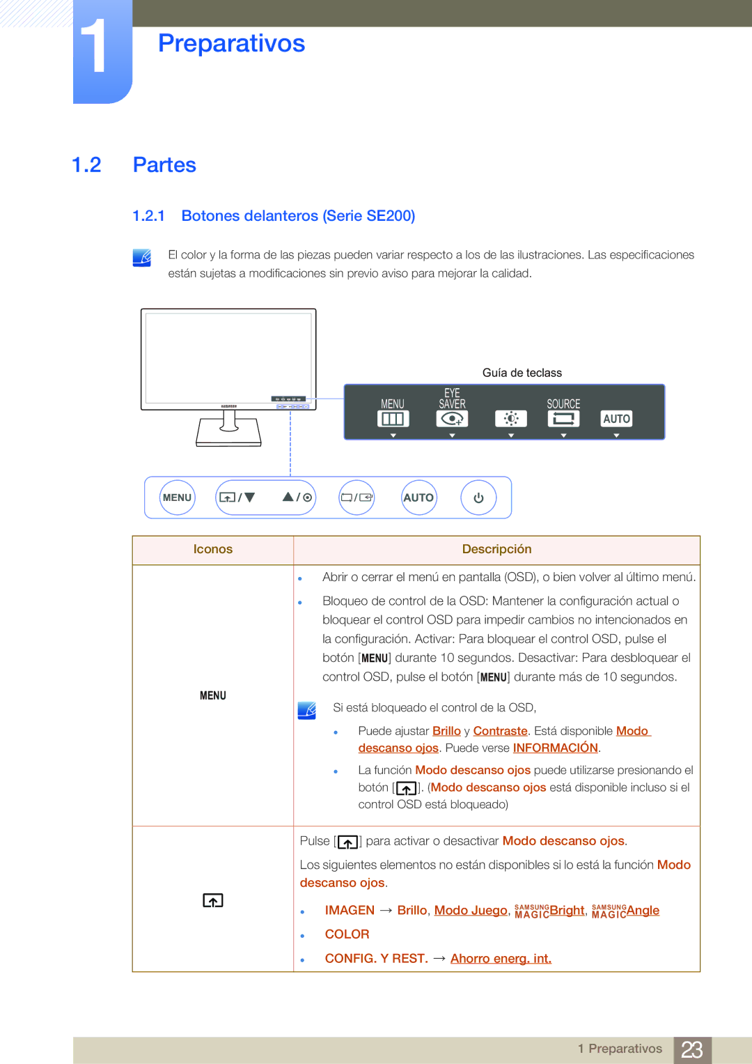 Samsung LS19E45KBW/EN, LS19E45KMW/EN, LS27E45KBS/EN manual Partes, Botones delanteros Serie SE200, Iconos Descripción 