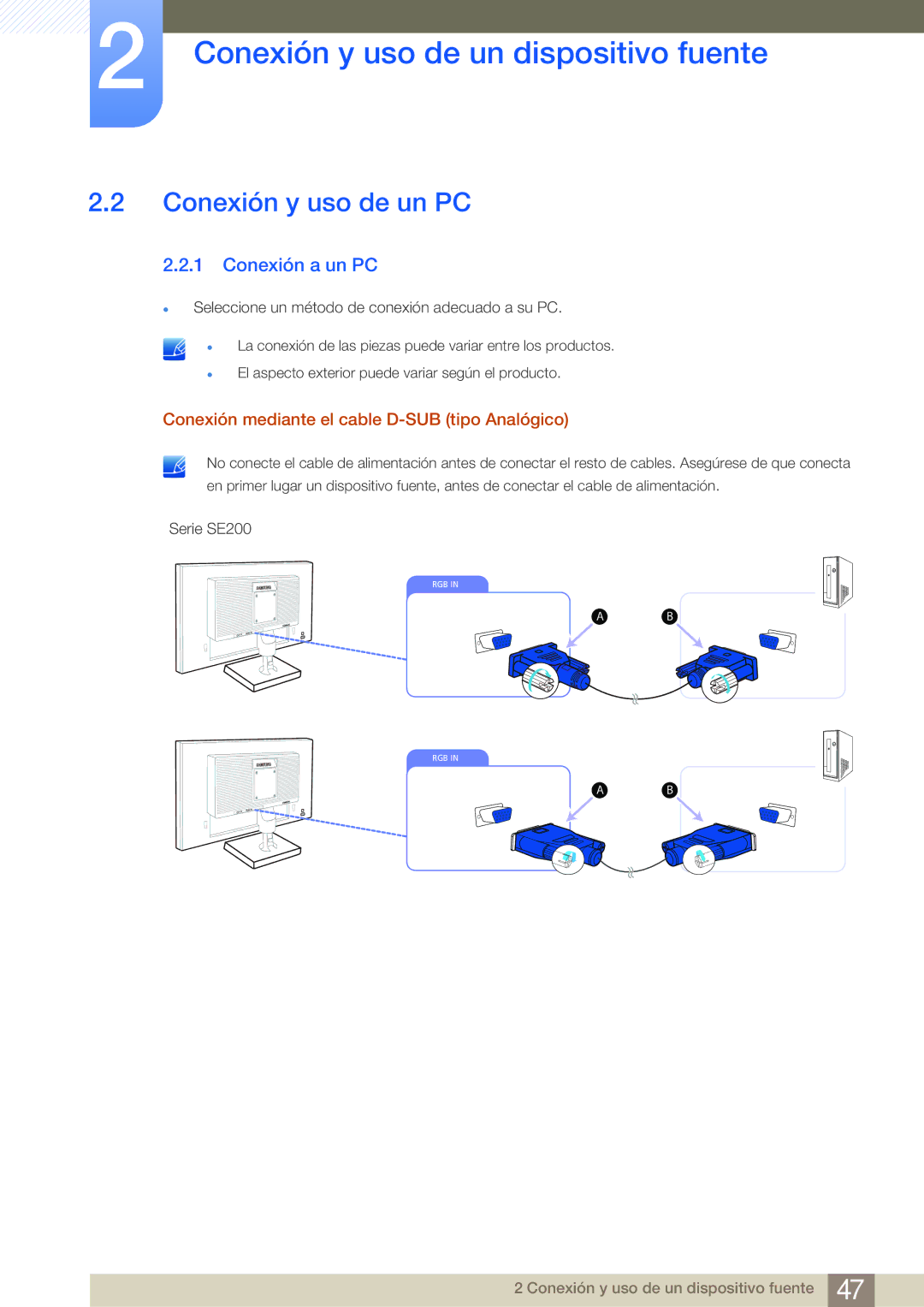 Samsung LS22E45KMSV/EN manual Conexión y uso de un PC, Conexión a un PC, Conexión mediante el cable D-SUB tipo Analógico 