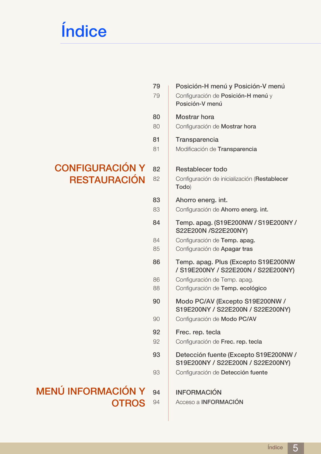 Samsung LS24E45UFS/EN, LS19E45KMW/EN, LS19E45KBW/EN manual Configuración Y 82 Restauración Menú Información Y 94 Otros 
