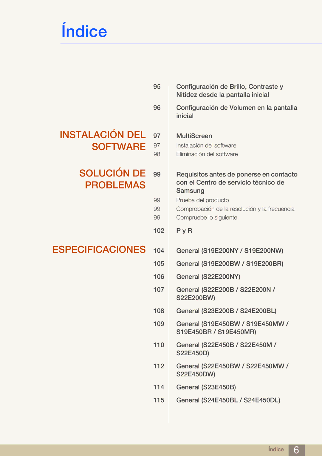 Samsung LS24E45KBSV/EN, LS19E45KMW/EN, LS19E45KBW/EN, LS27E45KBS/EN manual Instalación DEL 97 Software Solución DE Problemas 