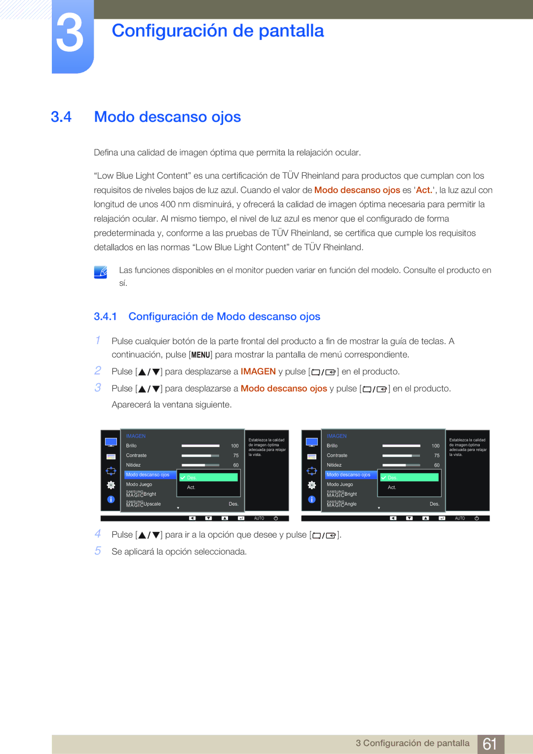 Samsung LS24E45KBSV/EN, LS19E45KMW/EN, LS19E45KBW/EN, LS27E45KBS/EN, LS22E45KMSV/EN Configuración de Modo descanso ojos 