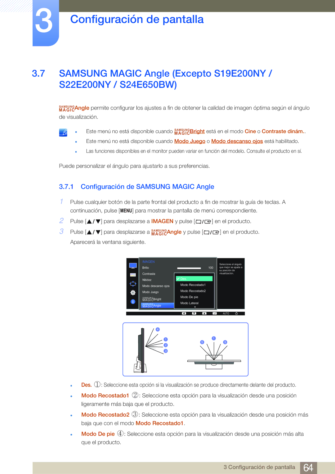 Samsung LS23E45KBS/EN, LS19E45KMW/EN, LS19E45KBW/EN, LS27E45KBS/EN manual Configuración de Samsung Magic Angle, Modo Lateral 