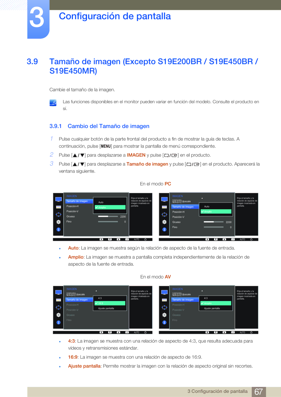 Samsung LS19E45KBW/EN manual Tamaño de imagen Excepto S19E200BR / S19E450BR / S19E450MR, Cambio del Tamaño de imagen 