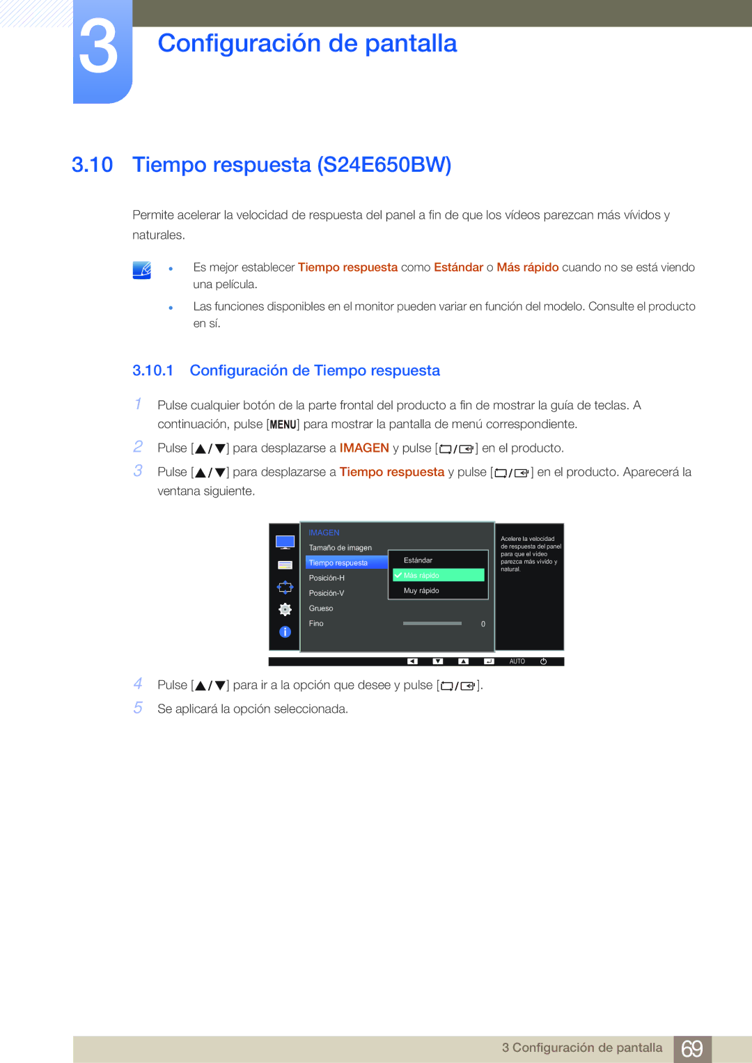 Samsung LS22E45KMSV/EN, LS19E45KMW/EN, LS19E45KBW/EN manual Tiempo respuesta S24E650BW, Configuración de Tiempo respuesta 