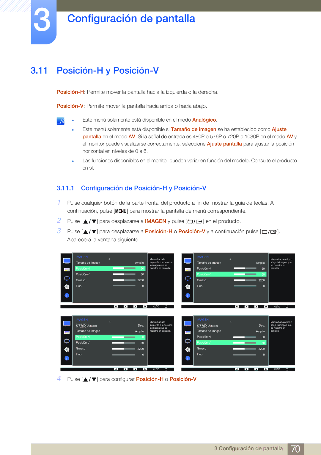 Samsung LS22E45KBWV/EN, LS19E45KMW/EN, LS19E45KBW/EN, LS27E45KBS/EN manual Configuración de Posición-H y Posición-V 