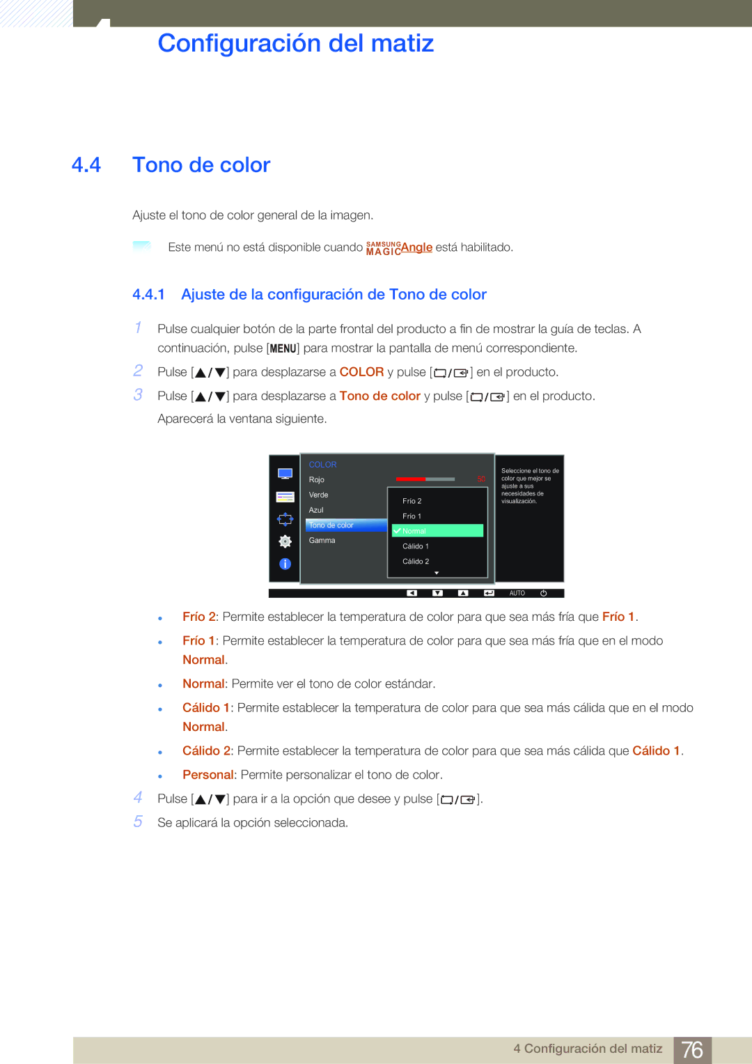 Samsung LS22E45KBS/EN, LS19E45KMW/EN, LS19E45KBW/EN, LS27E45KBS/EN manual Ajuste de la configuración de Tono de color 