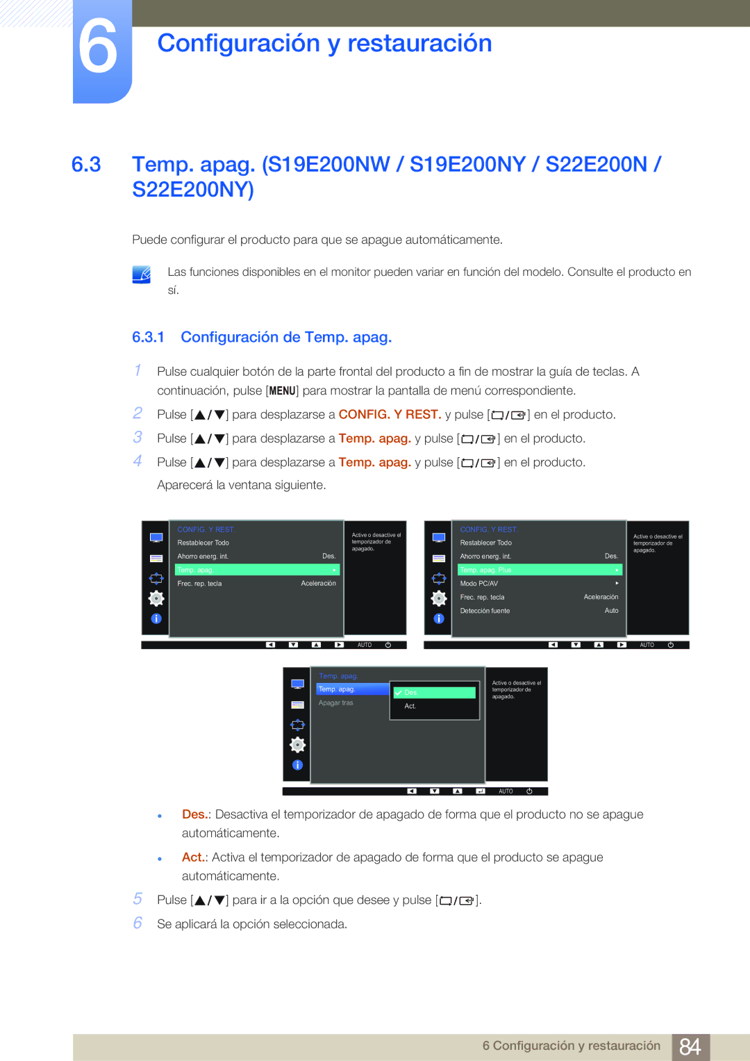 Samsung LS27E45KBH/EN, LS19E45KMW/EN Temp. apag. S19E200NW / S19E200NY / S22E200N / S22E200NY, Configuración de Temp. apag 