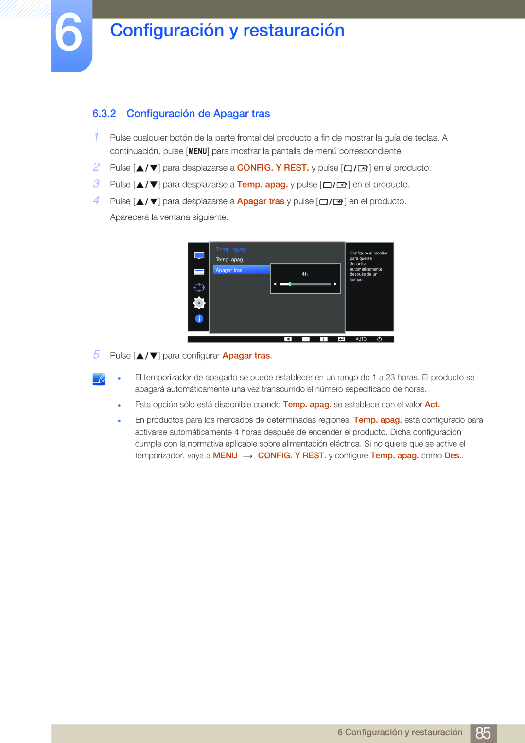 Samsung LS24E65KBWV/EN, LS19E45KMW/EN, LS19E45KBW/EN manual Configuración de Apagar tras, Pulse Para configurar Apagar tras 