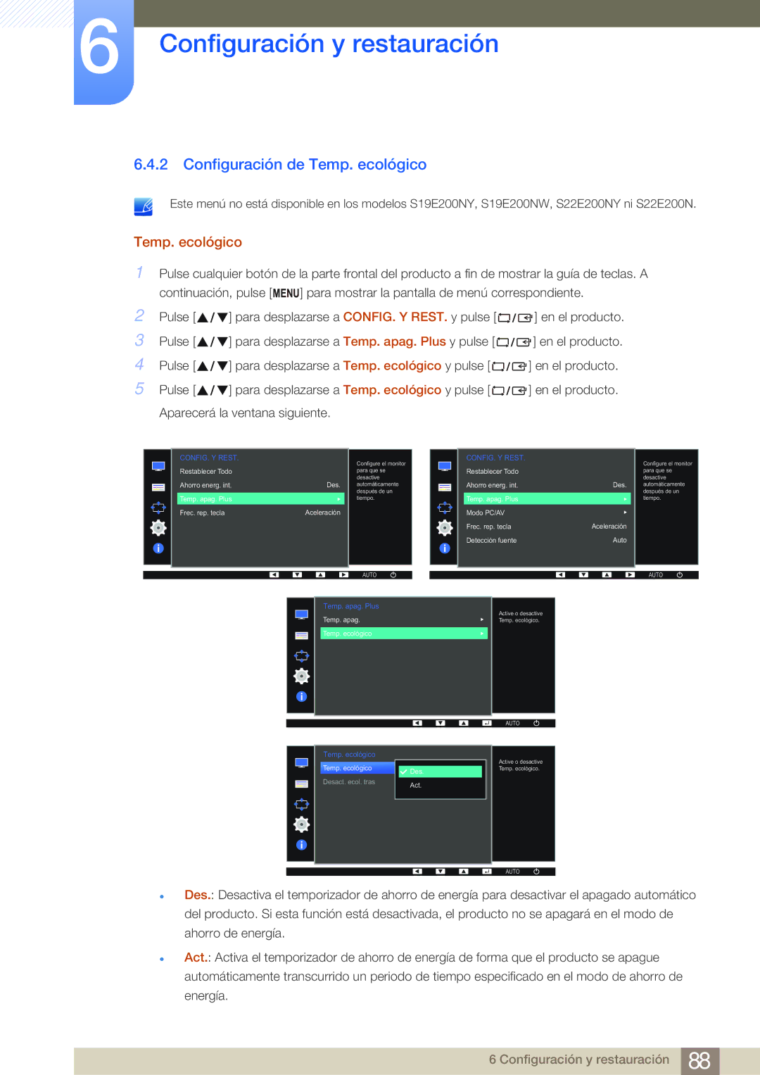 Samsung LS19E45KMW/EN, LS19E45KBW/EN, LS27E45KBS/EN, LS22E45KMSV/EN, LS22E45KBWV/EN manual Configuración de Temp. ecológico 