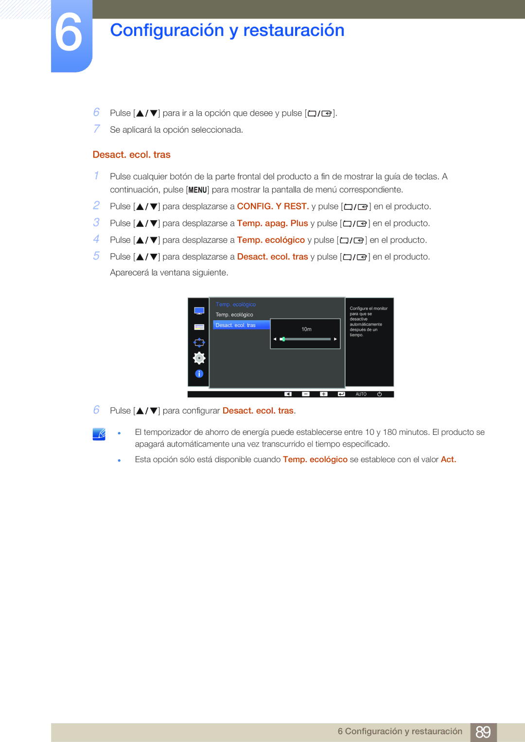 Samsung LS19E45KBW/EN, LS19E45KMW/EN, LS27E45KBS/EN, LS22E45KMSV/EN, LS22E45KBWV/EN, LS24E45UFS/EN manual Desact. ecol. tras 