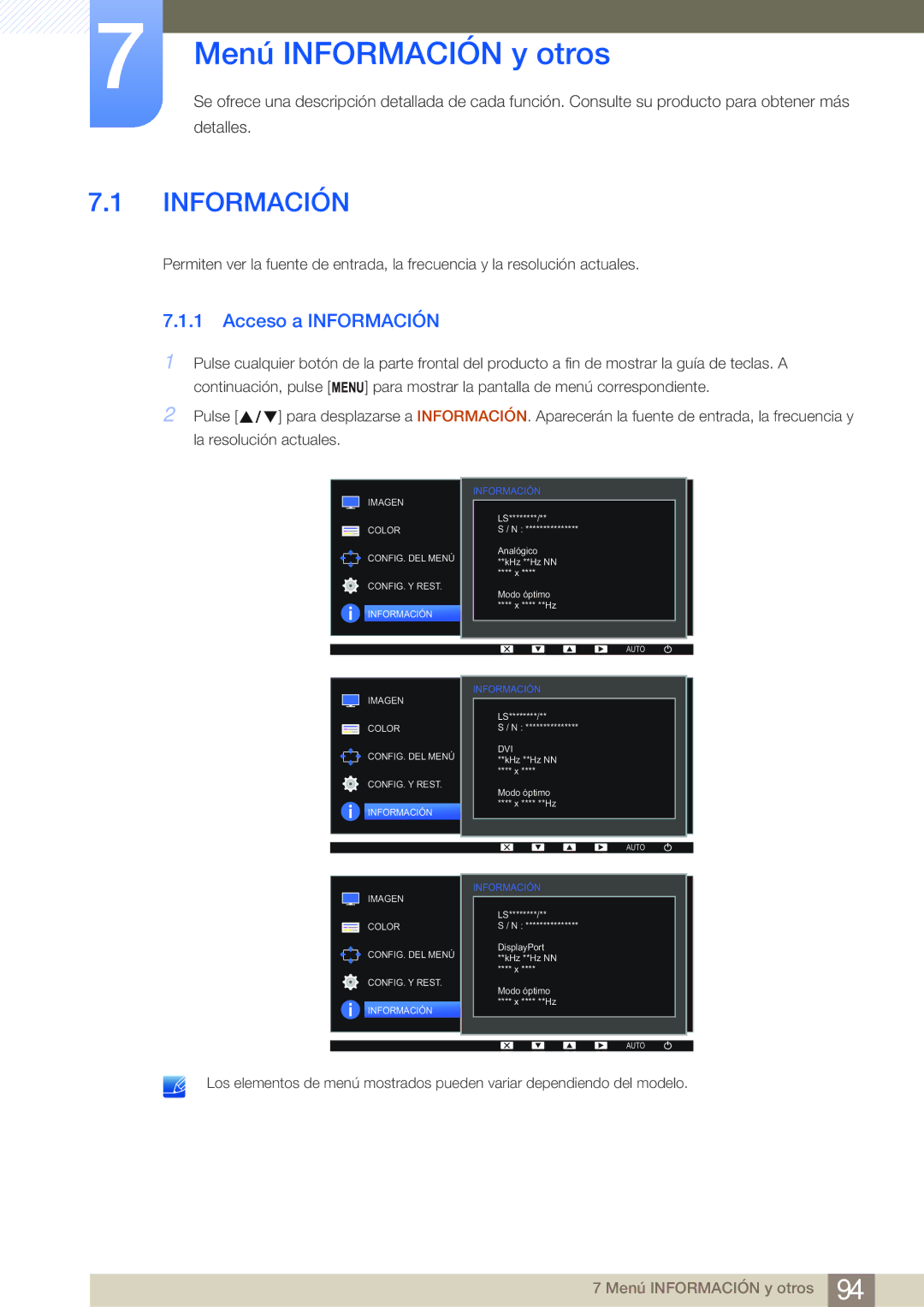 Samsung LS24E45KBSV/EN, LS19E45KMW/EN, LS19E45KBW/EN, LS27E45KBS/EN manual Menú Información y otros, Acceso a Información 