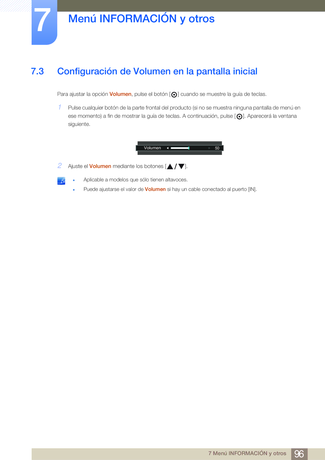 Samsung LS24E65KBWV/EN, LS19E45KMW/EN, LS19E45KBW/EN, LS27E45KBS/EN manual Configuración de Volumen en la pantalla inicial 