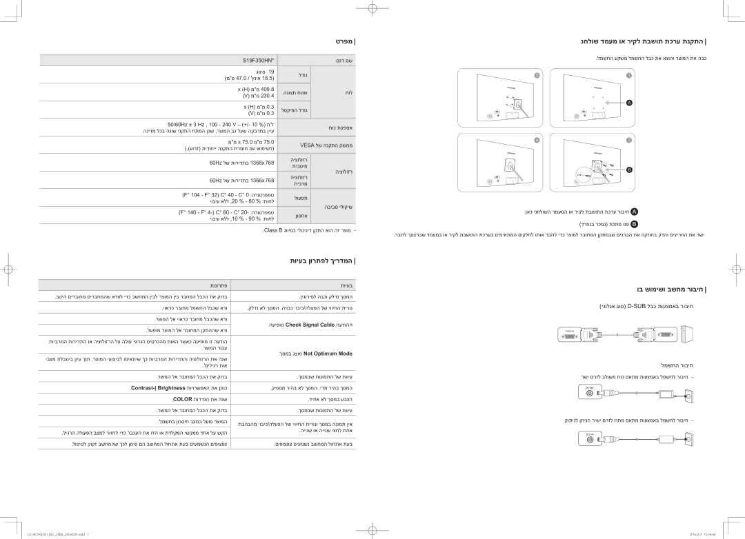 Samsung LS19F350HNMXCH manual טרפמ, נחלוש דמעמ וא ריקל תבשות תכרע תנקתה, תויעב ןורתפל ךירדמה, וב שומישו בשחמ רוביח 