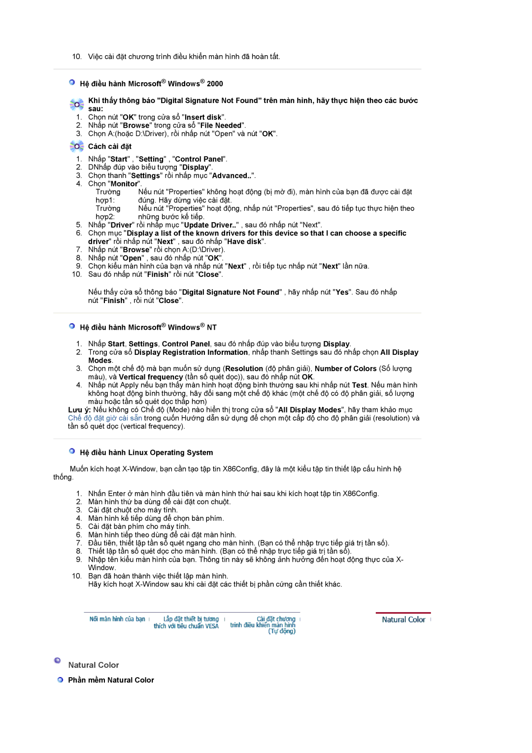 Samsung LS19GSESS/VNT Natural Color, Cách cài ÿһt Nhҩp Start , Setting , Control Panel, HӋ ÿiӅu hành Microsoft Windows NT 