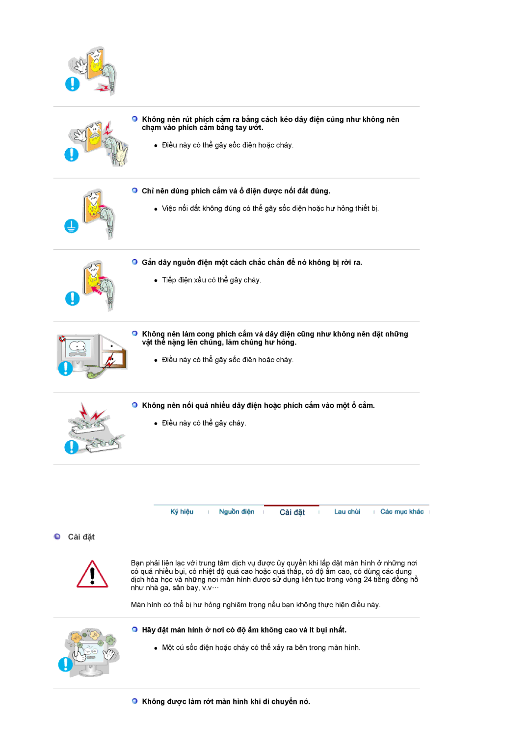 Samsung LS19GSESS/VNT manual Cài đặt, Chỉ nên dùng phích cắm và ổ điện được nối đất đúng 