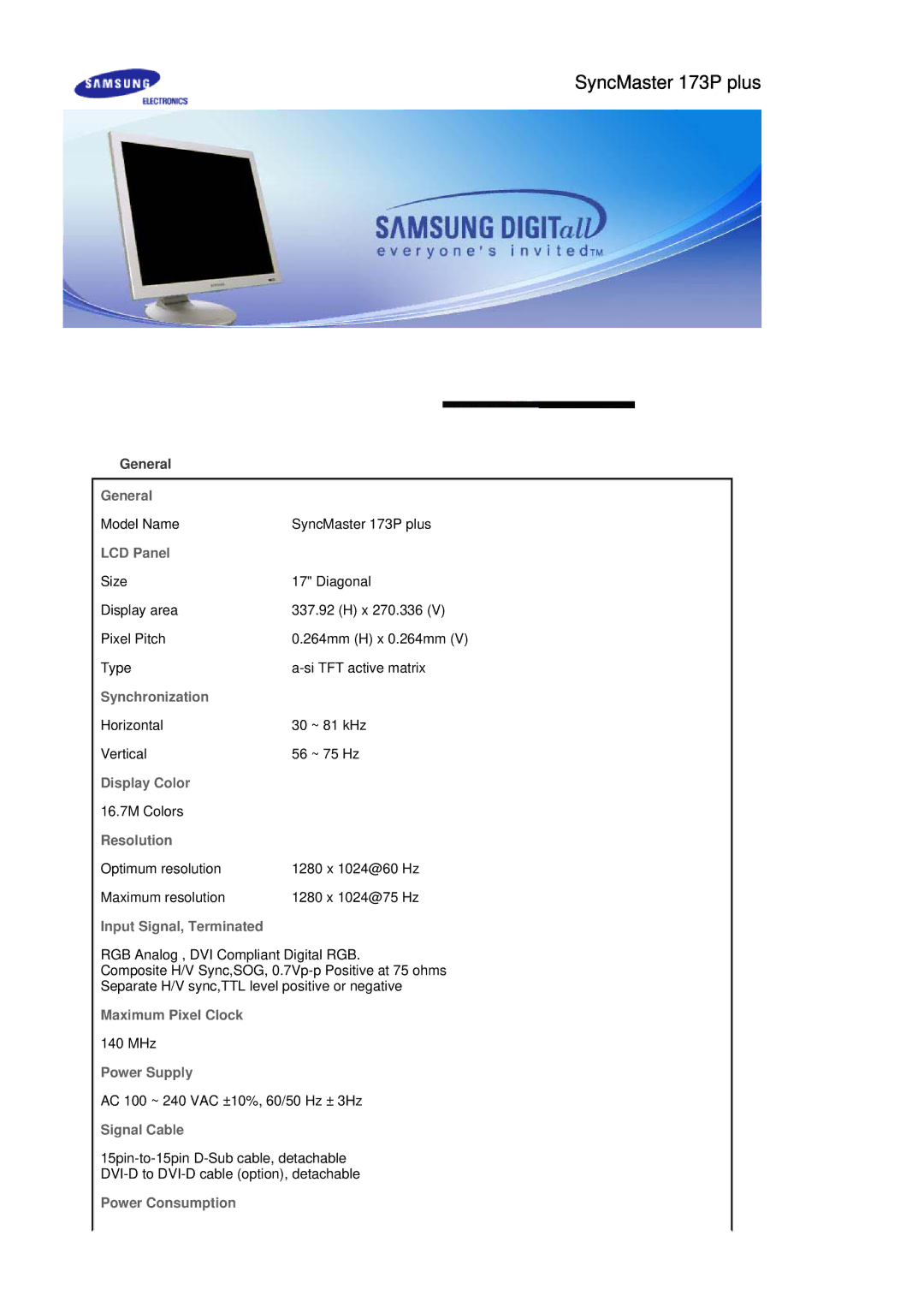 Samsung DE17PSQRV/XSJ manual General, LCD Panel, Synchronization, Display Color, Resolution, Input Signal, Terminated 