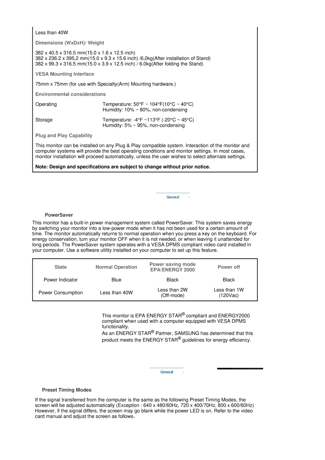 Samsung LS17DEPQAQ/ILC, LS19GSESS/XSJ manual Dimensions WxDxH/ Weight, Vesa Mounting Interface, Environmental considerations 