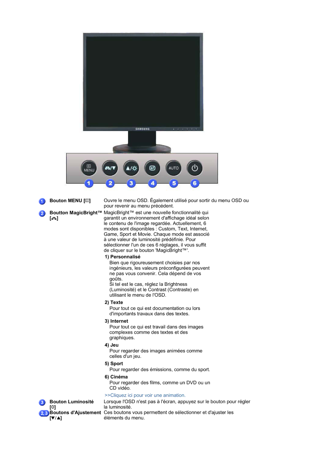 Samsung LS19HAPASQ/EDC, LS19HABTBV/EDC, LS19HATESH/EDC Personnalisé, Texte, Internet, Jeu, Sport, Cinéma, Bouton Luminosité 