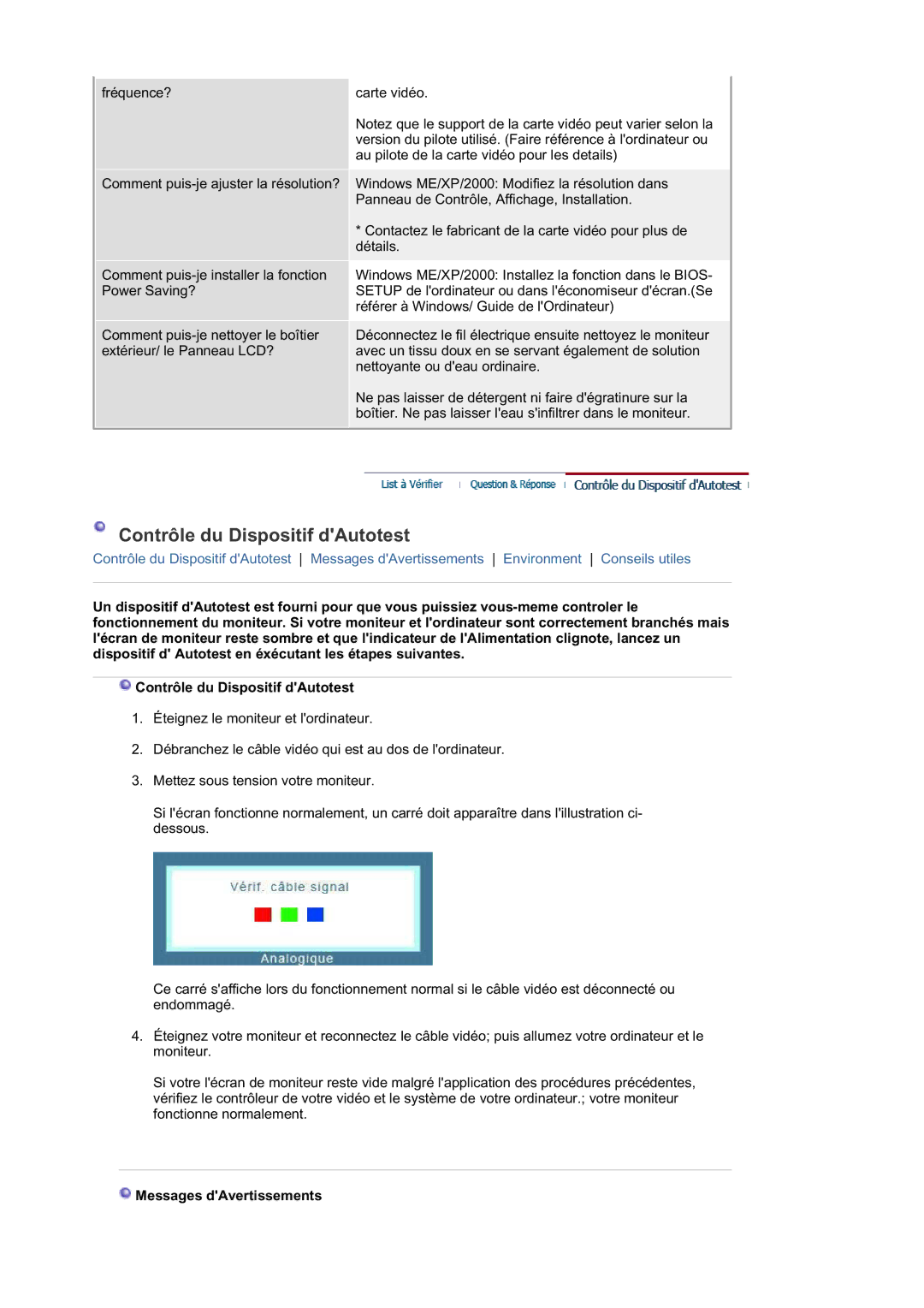 Samsung LS19HATTSQ/EDC, LS19HABTBV/EDC, LS19HATESH/EDC manual Contrôle du Dispositif dAutotest, Messages dAvertissements 