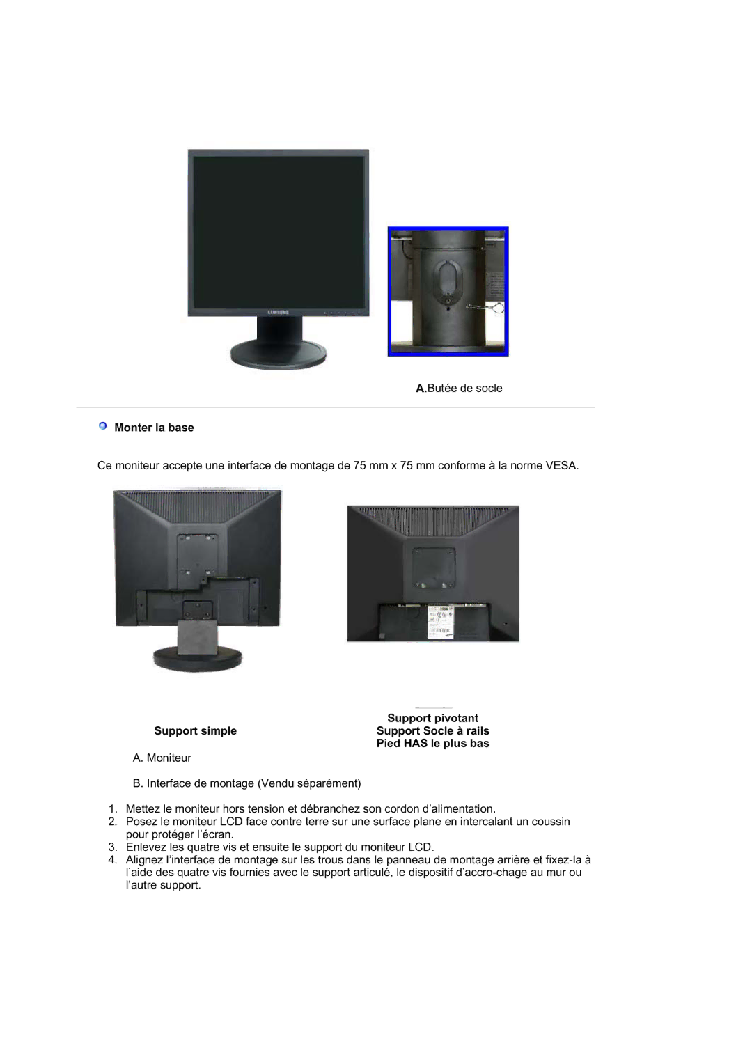 Samsung LS19HATESH/EDC, LS19HABTBV/EDC, LS19HALKSB/EDC, LS17HATTSQ/EDC, LS17HATESQ/EDC, LS17HAHESQ/EDC manual Monter la base 